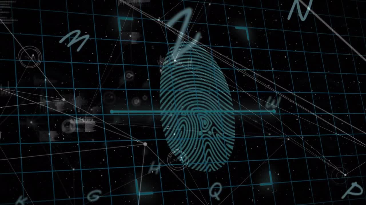 анимация букв и отпечатков пальцев и замков на черном фоне