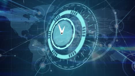 animación del reloj digital sobre los iconos de puntos y perfiles conectados y el mapa contra fondo azul