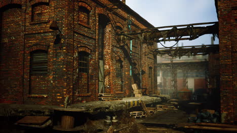 abandoned industrial factory buildings at sunset