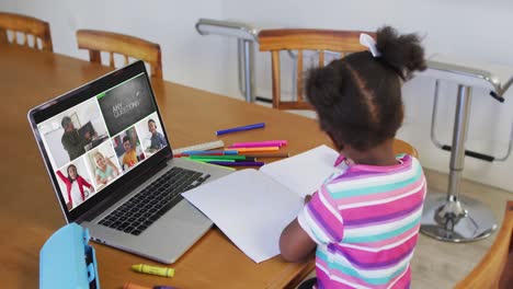 Schoolgirl-using-laptop-for-online-lesson-at-home,-with-diverse-teacher-and-class-on-screen