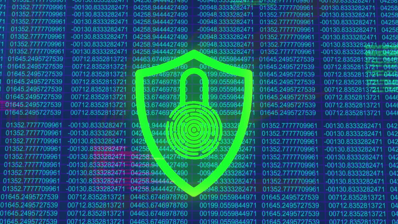 animación del icono de candado y escudo de seguridad sobre el procesamiento de datos contra un fondo azul.