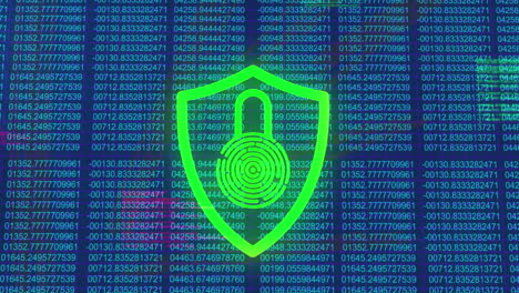 Animation of security padlock and shield icon over data processing against blue background