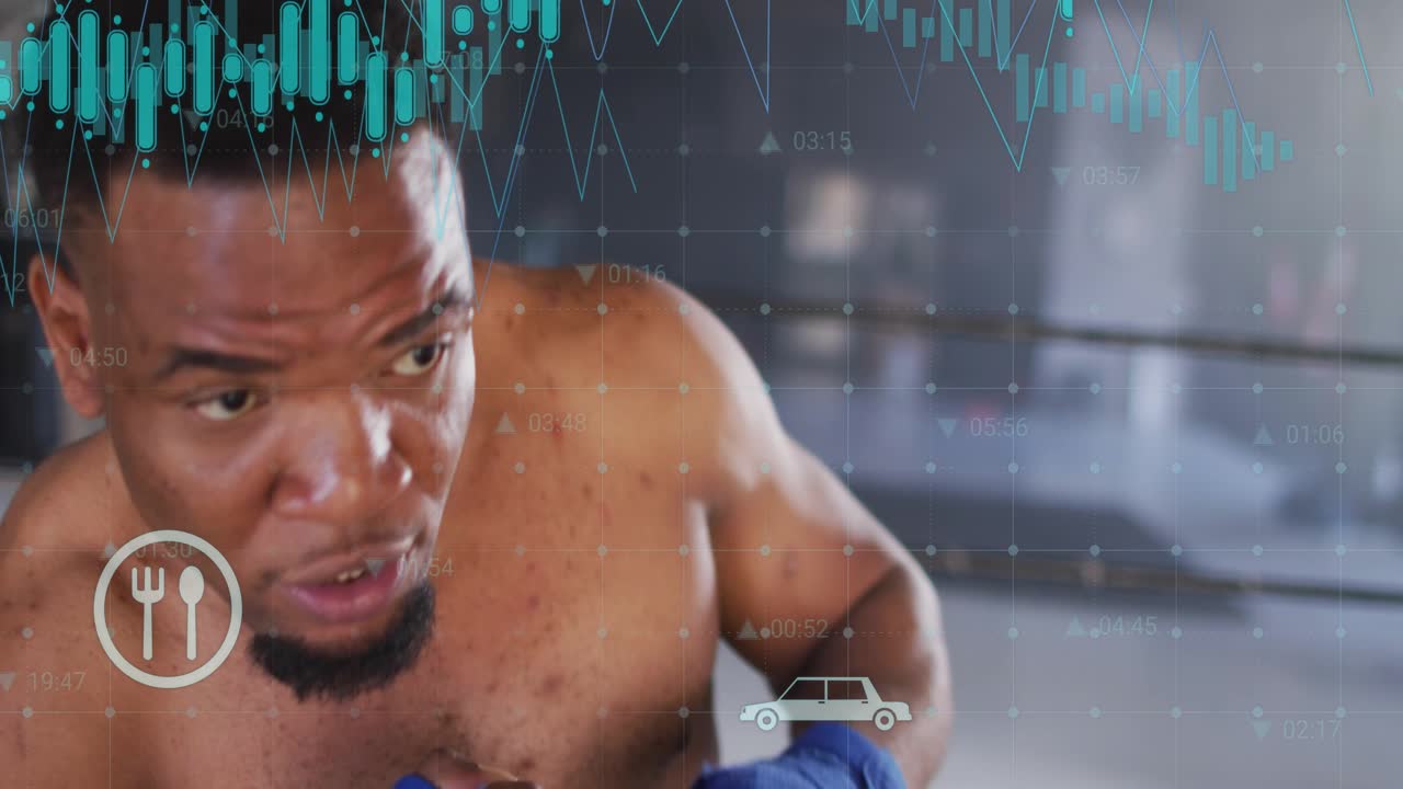 Male boxer throwing jab at camera in boxing gym, causing cyan graphs and icons tracking metrics
