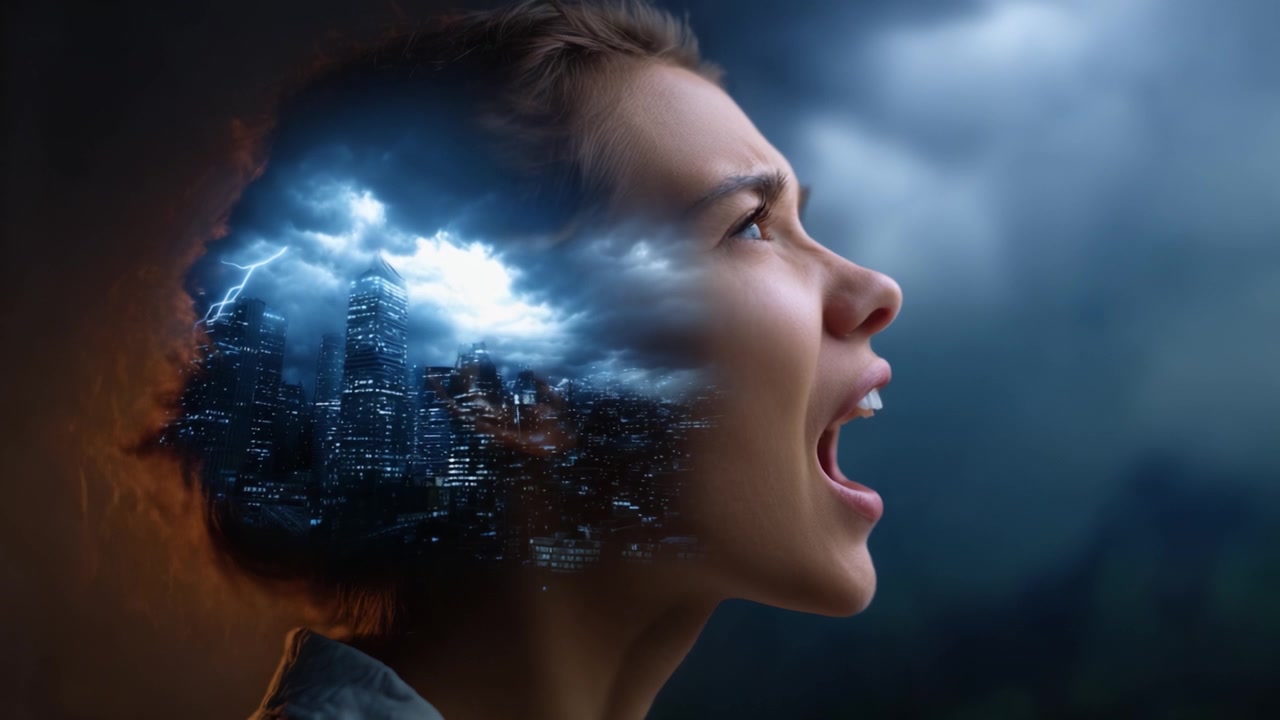 Un viaggio emotivo: una giovane donna esprime il suo tumulto interiore tra nuvole scure e cieli tempestosi, evidenziando la sua lotta e la sua voce appassionata.