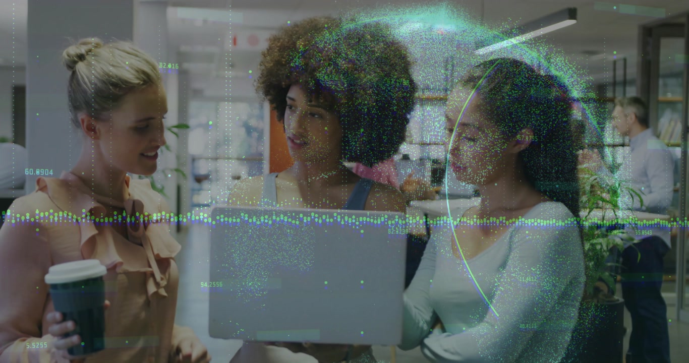 Woman lifting laptop with glitchy waveform and arcing globe, team collaborating on business project