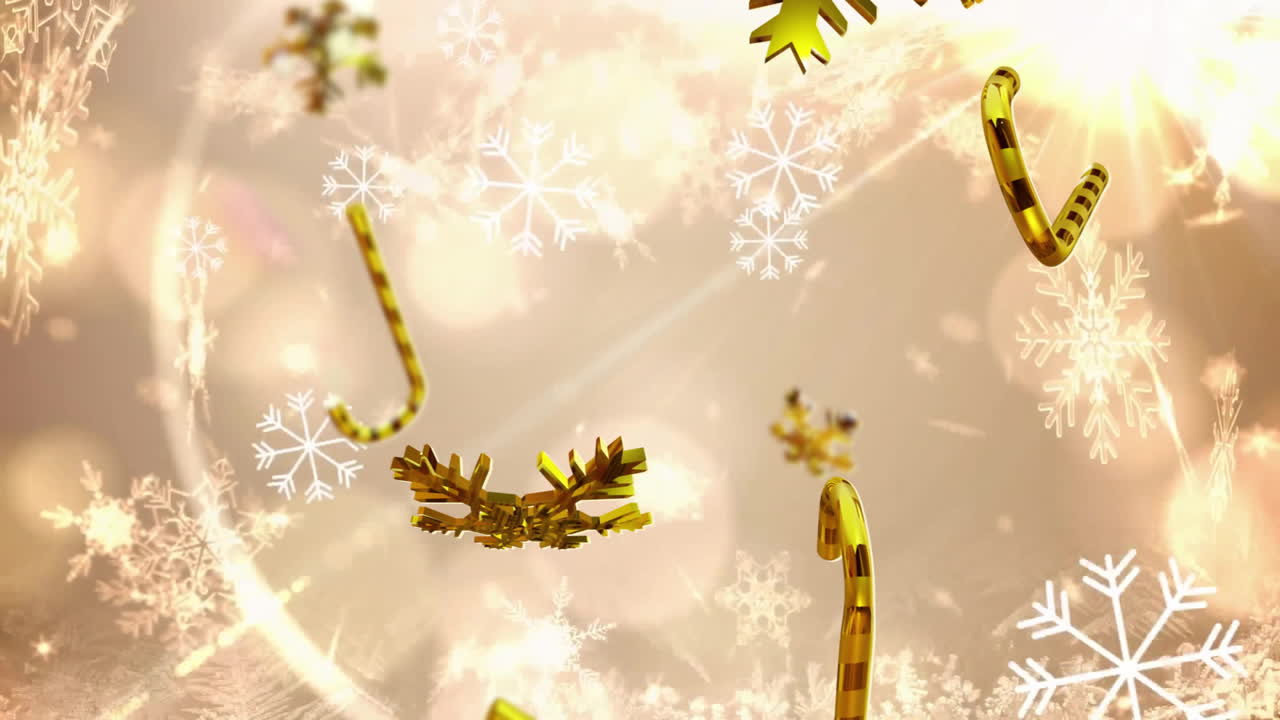 Golden snowflakes and candy canes animation over festive bokeh lights background
