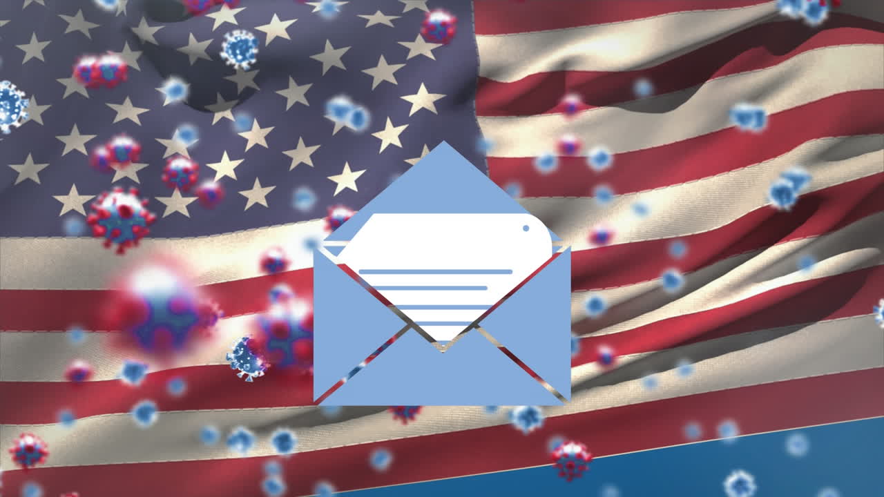 icono del sobre y células de covid-19 contra la bandera estadounidense ondeando