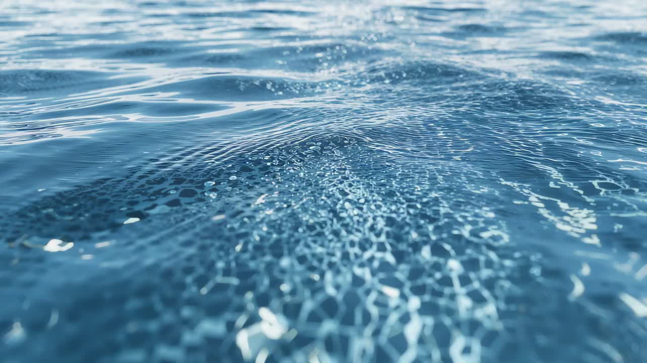 Responding to bubble release, open sea surface forming bubble trail and wake, casting sun glints