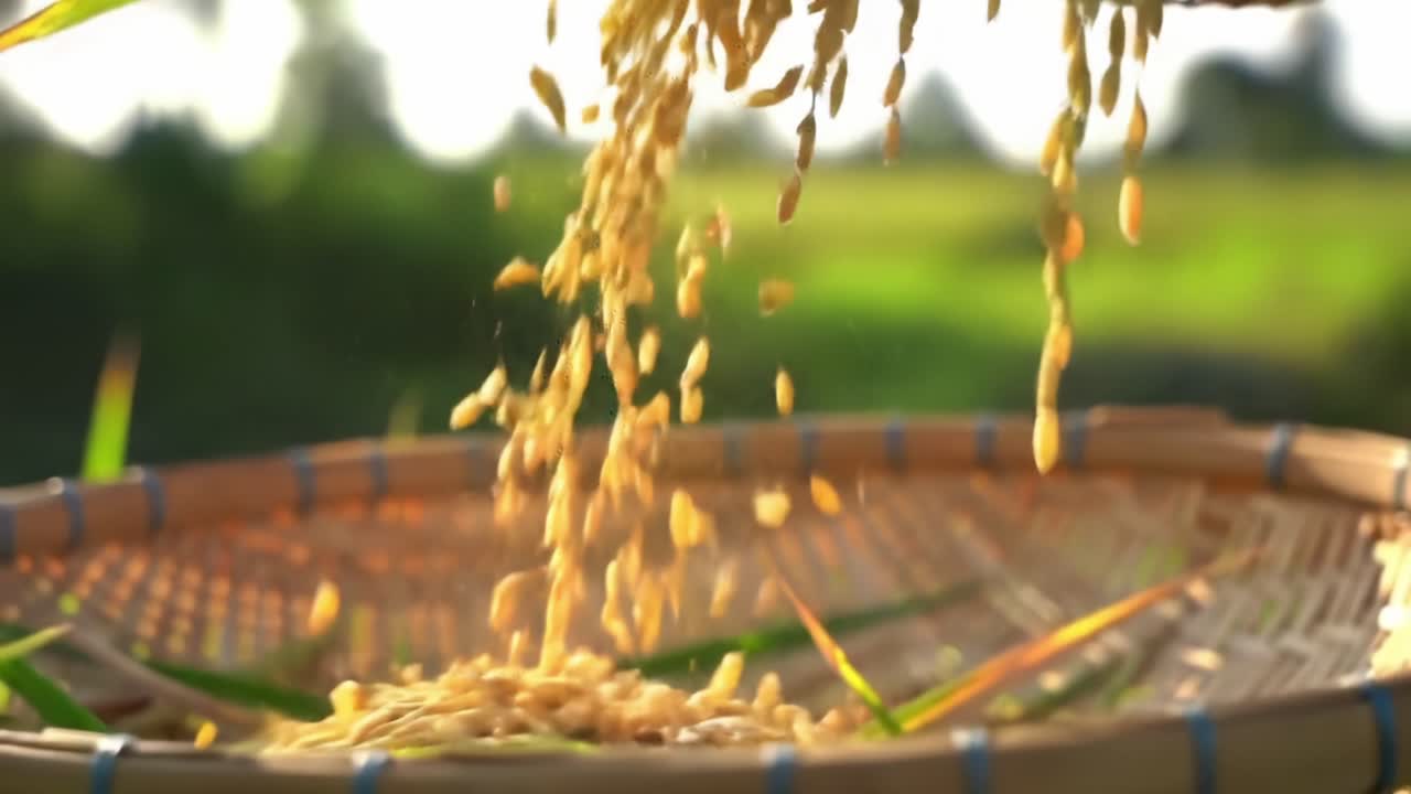 Harvesting Grains in a Rural Field During Sunset With Traditional Methods