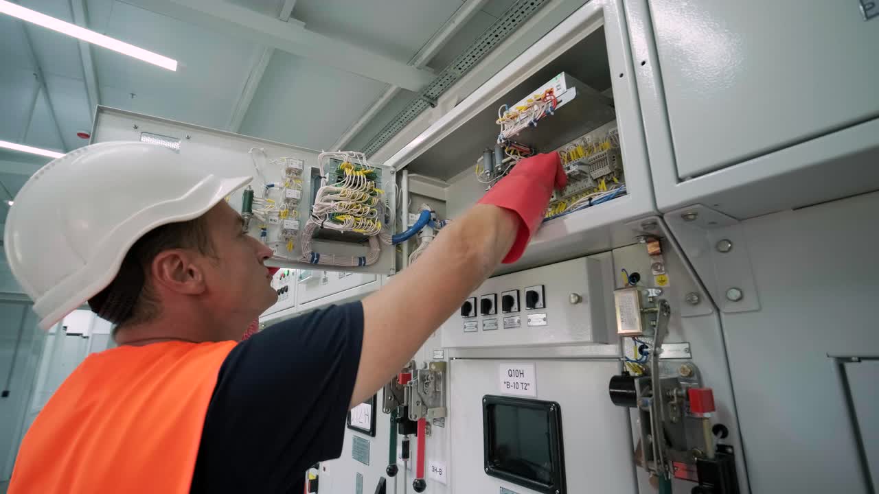 los ingenieros eléctricos inspeccionan los sistemas eléctricos en el gabinete de control de equipos