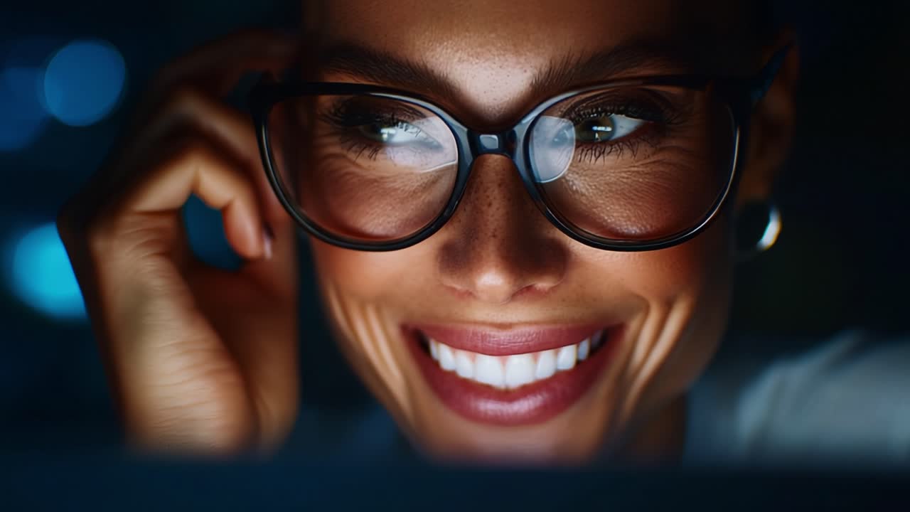 Captivating Close-Up of a Smiling Woman with Glasses, Radiating Joy and Curiosity While Engaged in a Digital World, Highlighting the Connection Between Light and Emotion