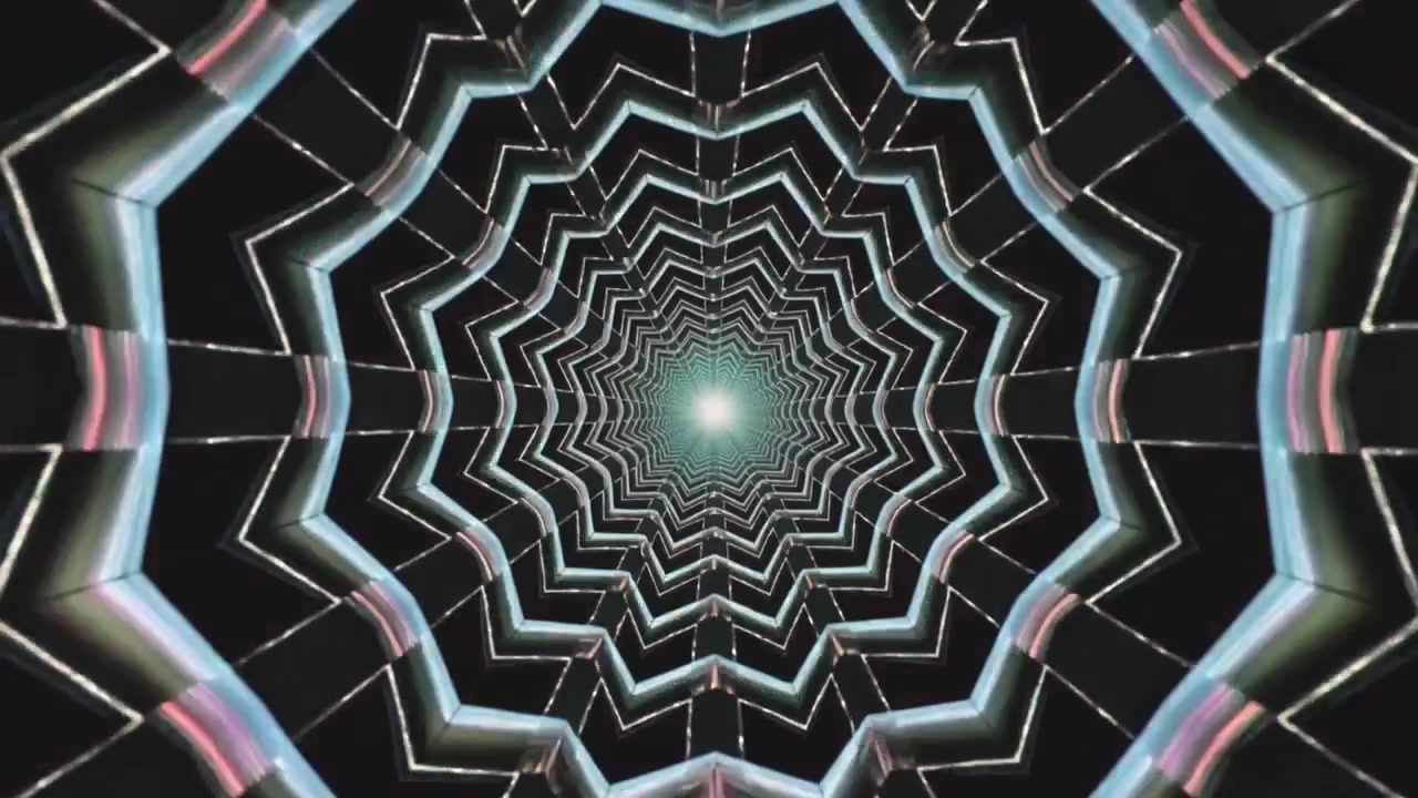 Nucleo luminoso pulsante che avvia petali di mandala che si trasformano in un reticolo in un laboratorio a specchio convergendo verso l'interno.