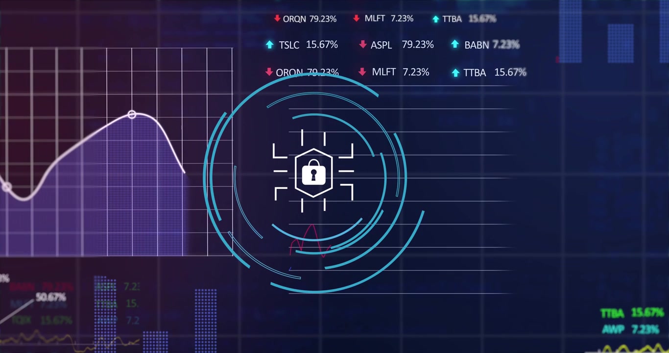 Animation of financial data processing over padlock icon