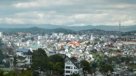 da lat city cityscape skyline panorama view from robin hill on cloudy day, lam dong, vietnam