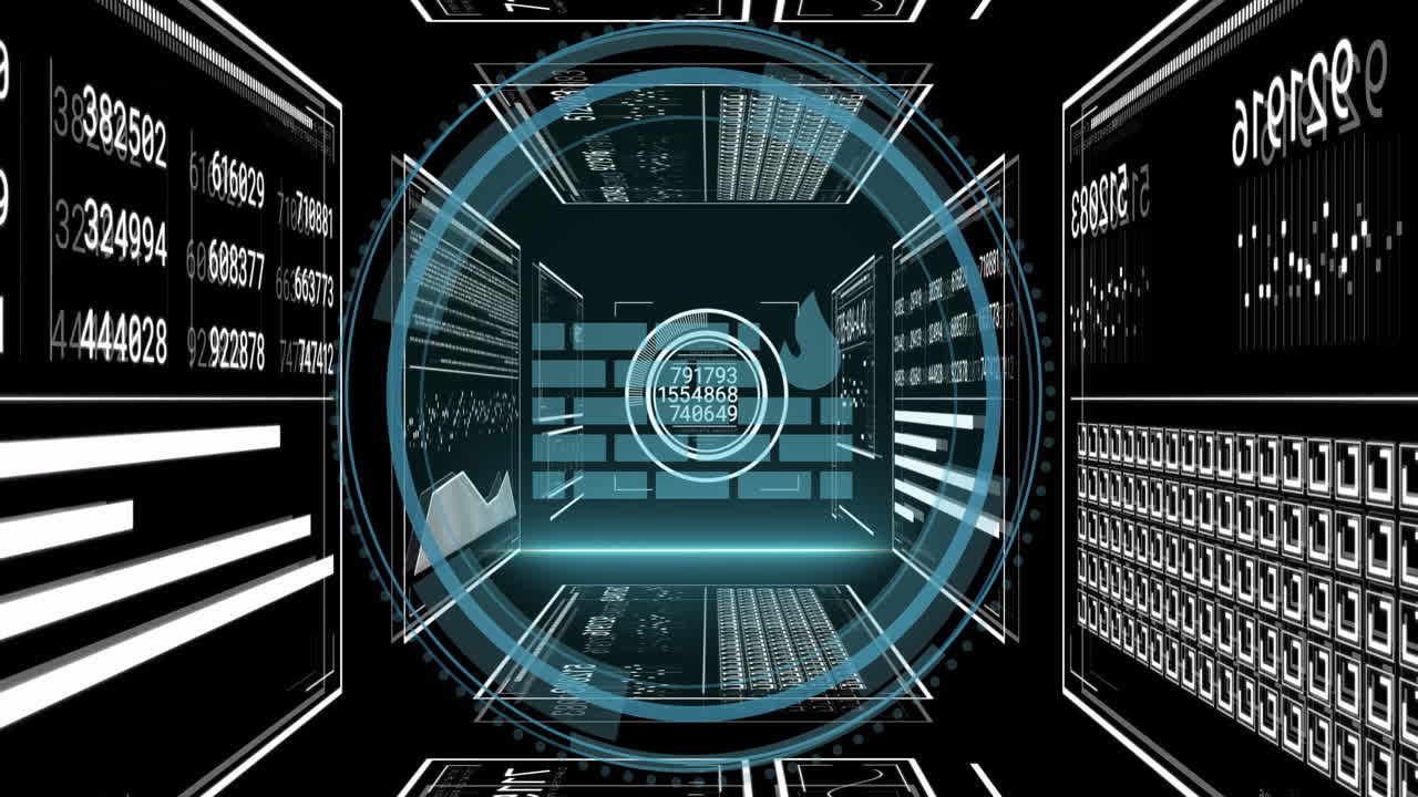 Animation of futuristic digital interface with data charts and binary code design