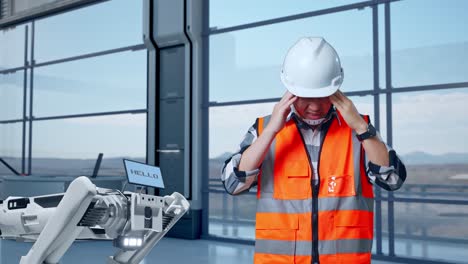ingeniero asiático con casco de seguridad con dolor de cabeza mientras está de pie en una fábrica de alta tecnología, analizando el concepto de máquina robótica