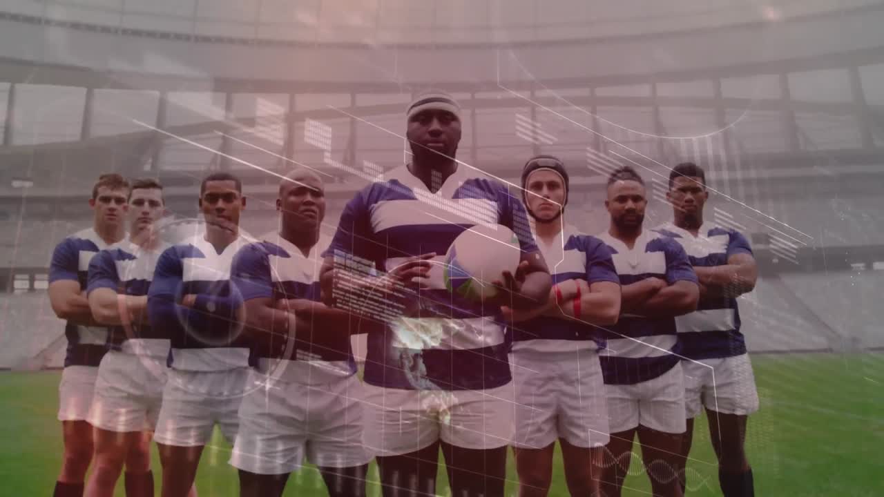 스포츠 경기장 위의 데이터 처리 및 럭비 선수의 애니메이션