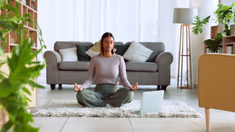 Mujer,-Meditación-En-El-Hogar-Y-Respiración-De-Bienestar-Zen