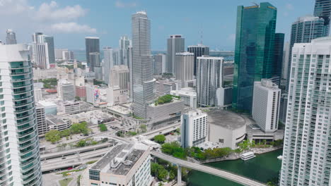 High-rise-downtown-buildings-and-transport-infrastructure.-Sunny-day-in-large-and-modern-city.-Miami,-USA