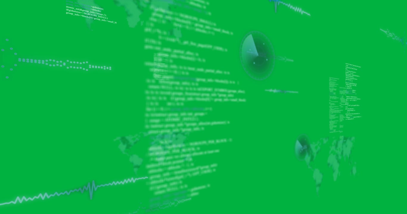 Digital animation of digital interface with world map and data processing against black background