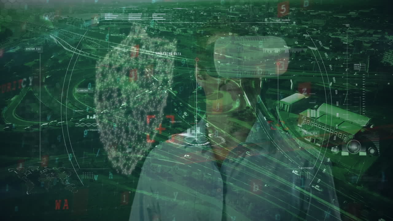 vr 헤드 ⁇ 을 착용한 사업가에 대한 금융 데이터 처리 애니메이션