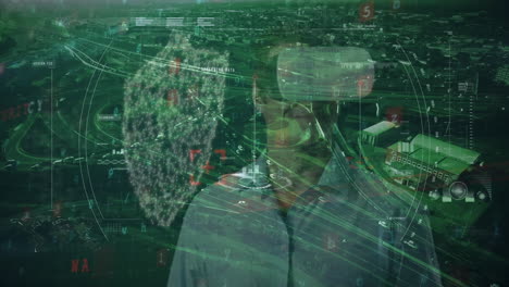 animación del procesamiento de datos financieros sobre un hombre de negocios que usa auriculares vr