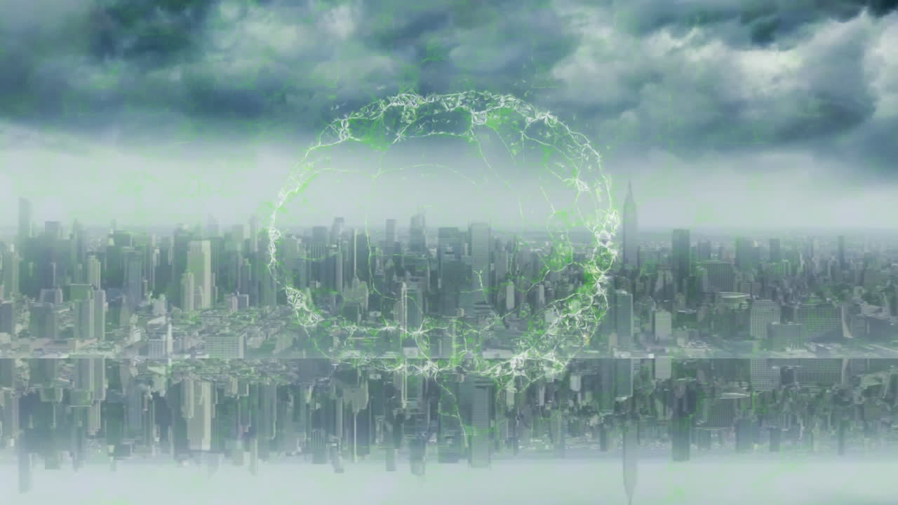 현대 도시 풍경 위에서 회전하는 디지털 뇌의 애니메이션