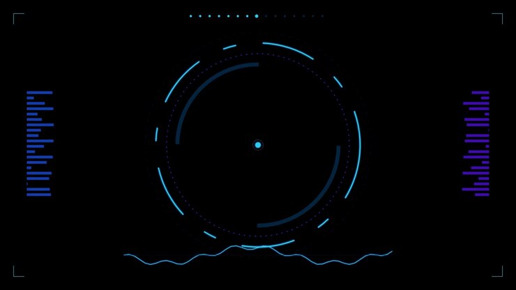 Interfaccia HUD digitale futuristica con elementi circolari rotanti