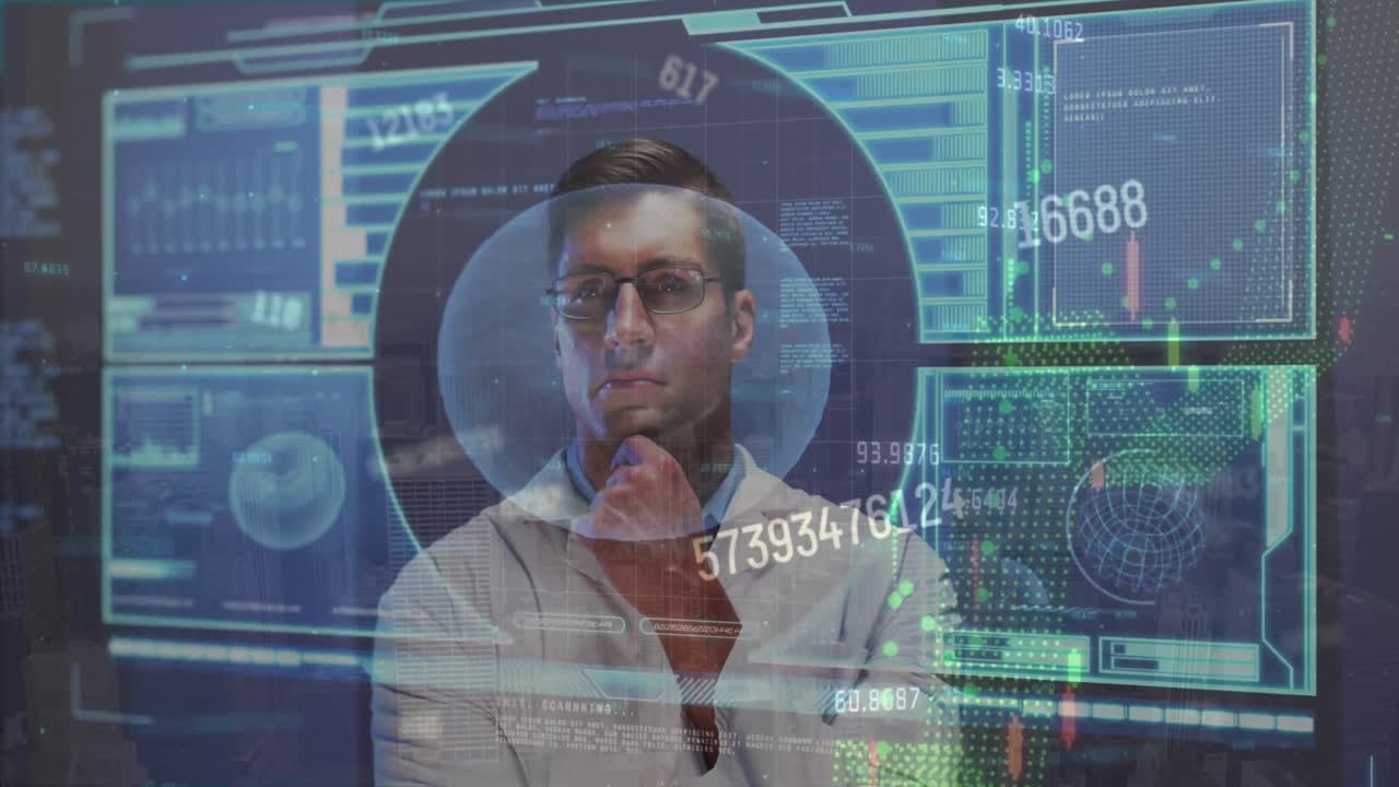 animación del procesamiento de datos científicos sobre el médico caucásico masculino