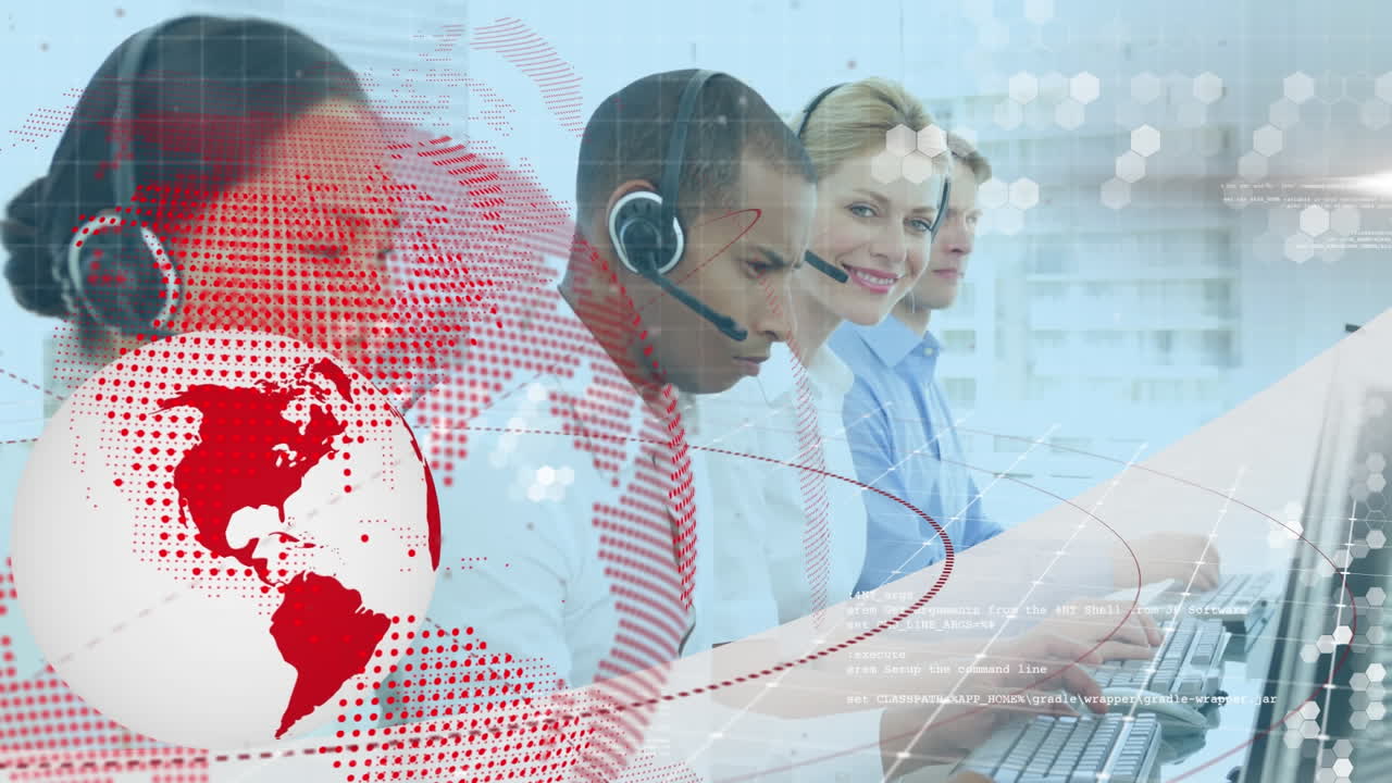 전화 헤드 ⁇ 을 착용 한 사업가 들 위 에 있는 지구와 세계 지도 의 애니메이션