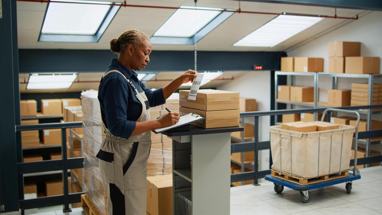 Picking printed label overalled packer checking clipboard at pack station labeling boxes