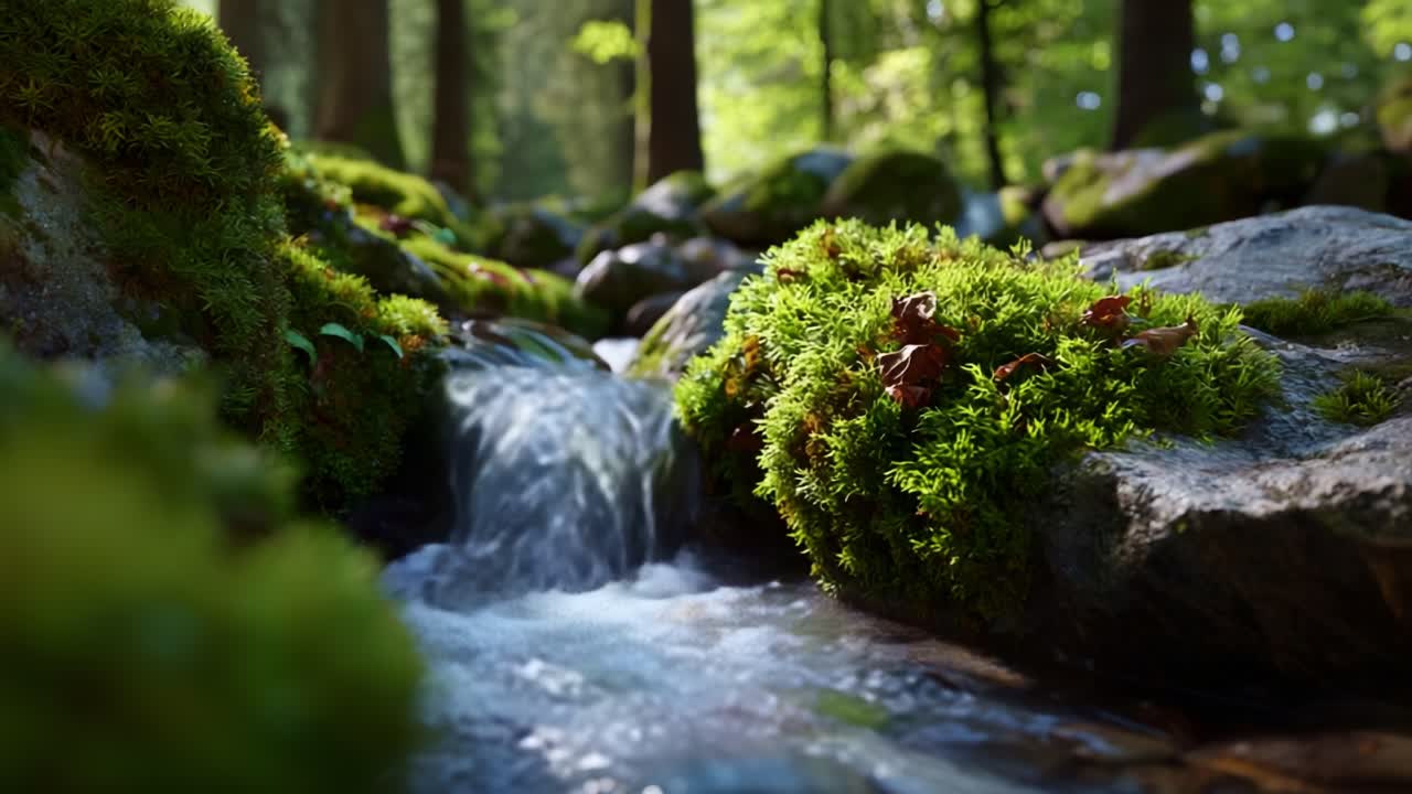 A Tranquil Stream Flowing Over Moss-Covered Rocks in a Lush Forest, Capturing the Serenity and Beauty of Nature's Landscape in Two Glorious Frames