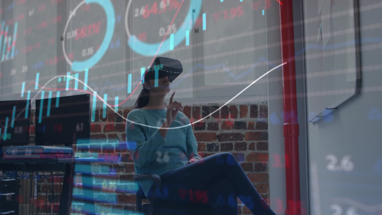 Animation of financial data processing over businesswoman wearing vr headset in office