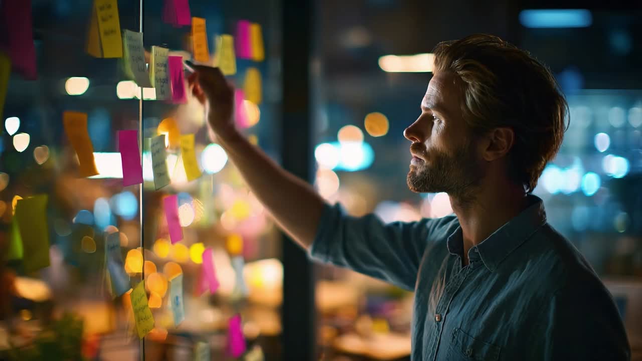 Sessione di brainstorming creativo notturna in uno spazio di lavoro moderno