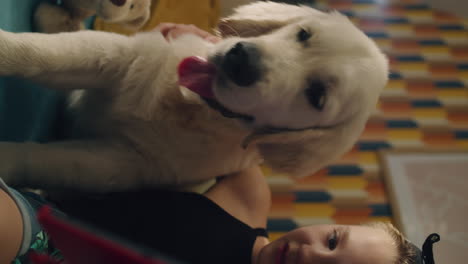 happy puppy with a child