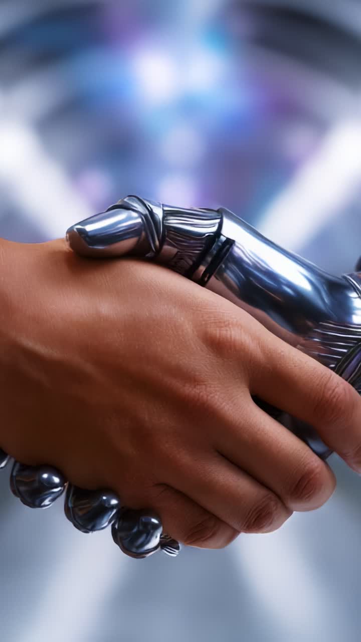 A futuristic interaction captured in two frames, showcasing the handshake between a human hand and a sleek, metallic robotic hand symbolizing harmony between technology and humanity