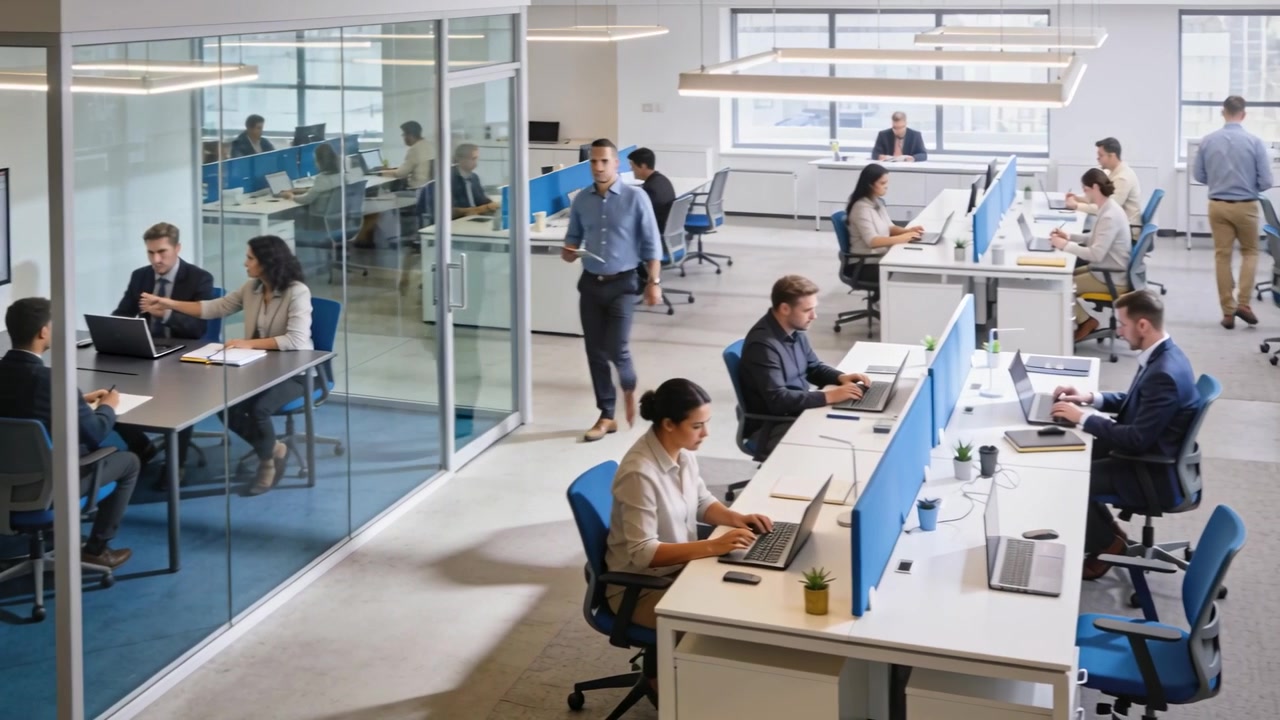 Rising from desk, walking man in blue shirt entering glass room to join meeting, viewing chart