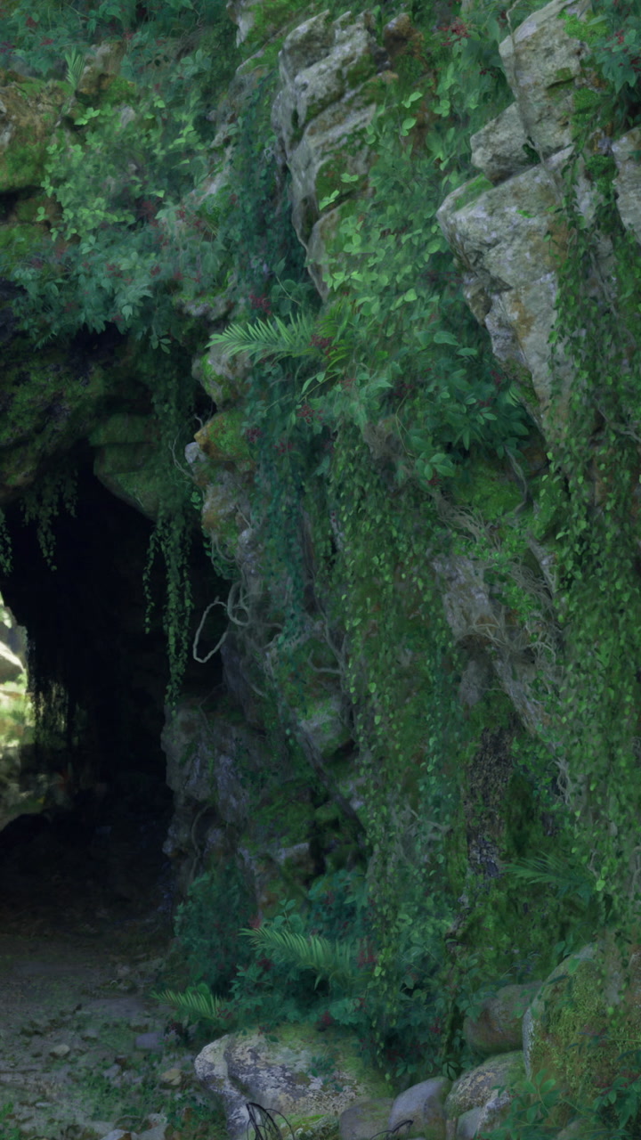 Mysterious Cave Entrance with Lush Green Vines and Foliage