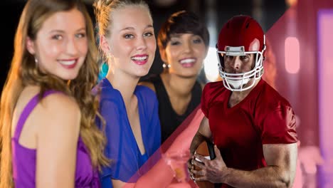 Animation-of-male-american-football-player-over-happy-diverse-female-friends-at-bar