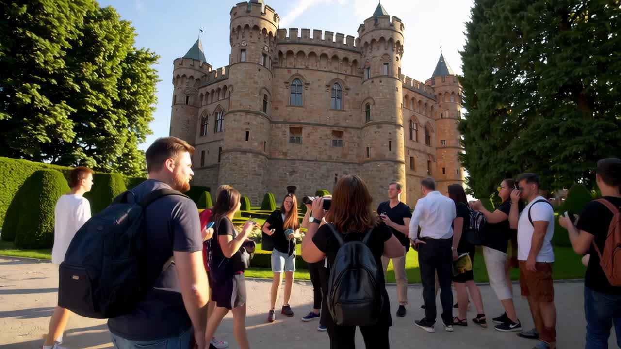 Group of Tourists at a Castle in Europe