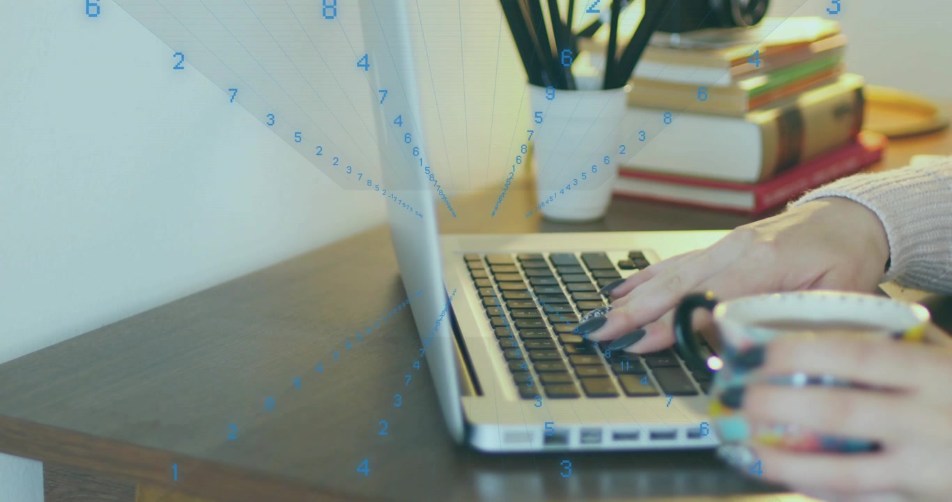Man's hands typing on laptop keyboard activating blue numeric data streams pausing and lifting mug