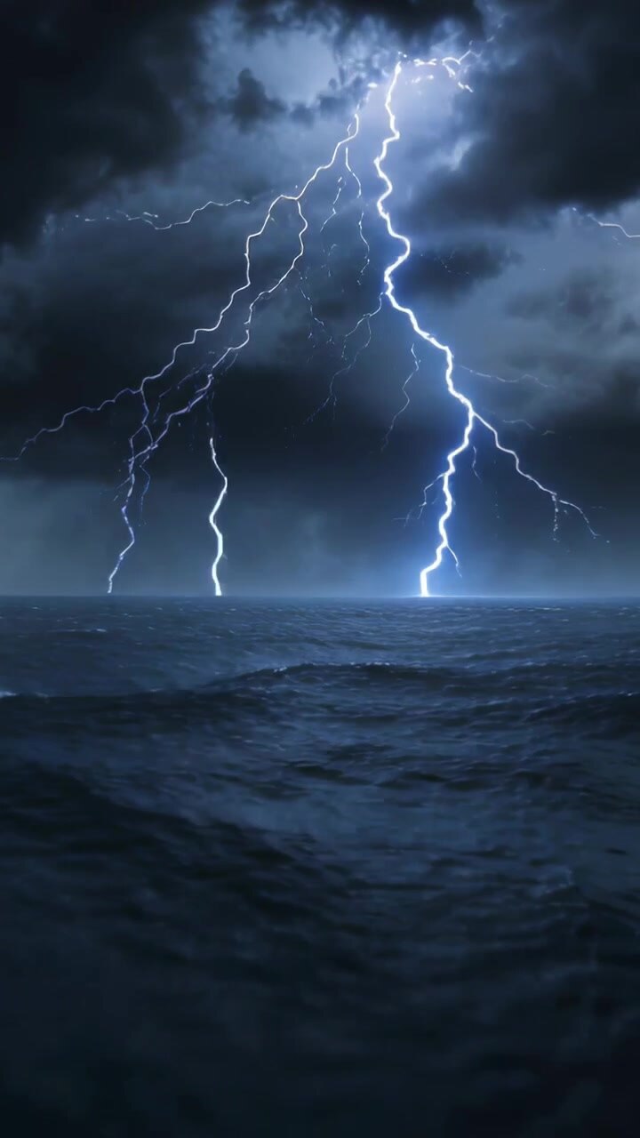Video verticale: Nuvole temporalesche che scagliano fulmini ramificati verso l'orizzonte sul mare di notte, illuminando le onde.
