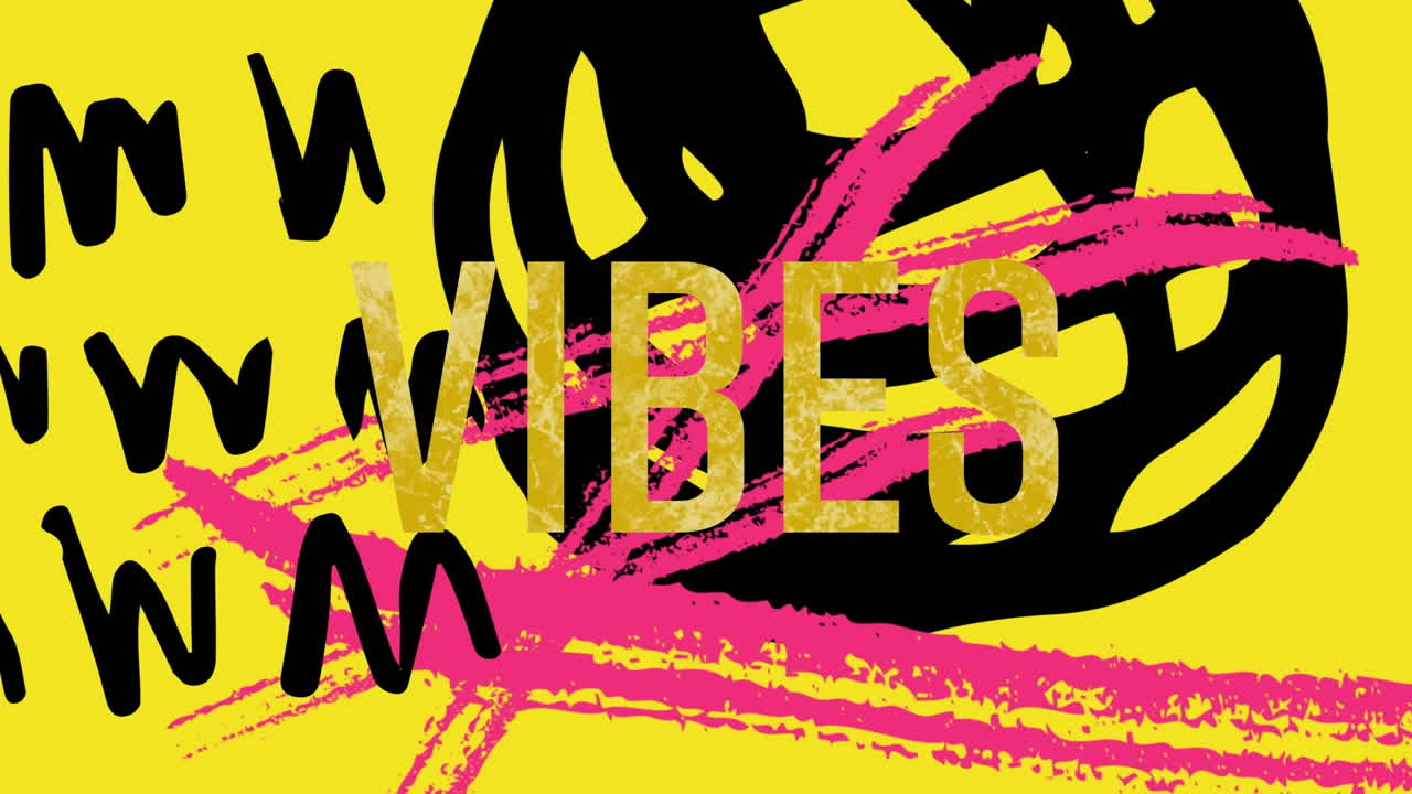 Animation of vibes text over shapes on yellow background