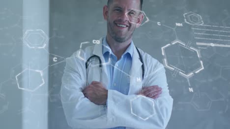 Animation-of-chemical-structures-and-data-processing-over-smiling-caucasian-male-doctor