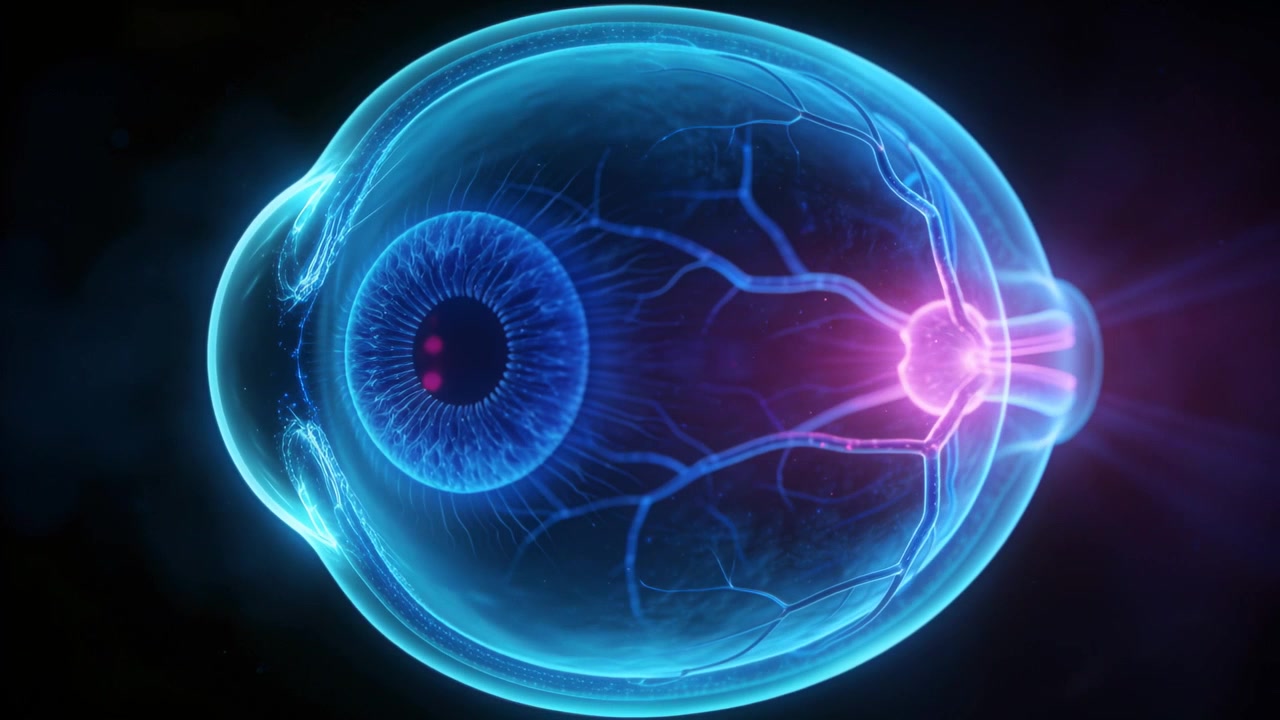 Occhio 3D orbitante che ruota con la telecamera che orbita nello studio, mostrando vasi e disco ottico per lo studio.