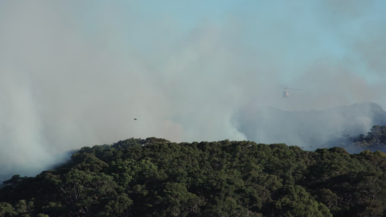 Helicopter Hover over fire Sydney Bush Fire El Nino 4K footage captures back burning, firefighting, smoke and helicopter rescues. May 29, 2023 Sydney Australia