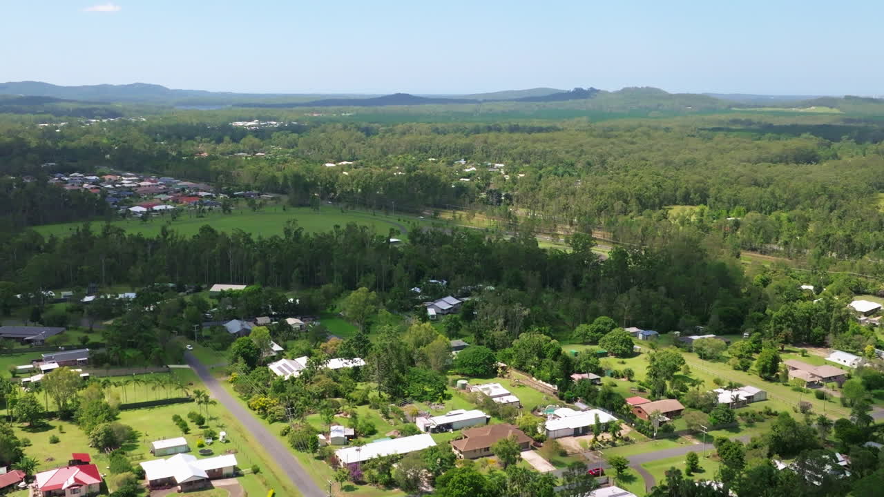 Scenic Drone Flyover Rural Australian Landscape With Small Country Town, Sunshine Coast Australia 4K