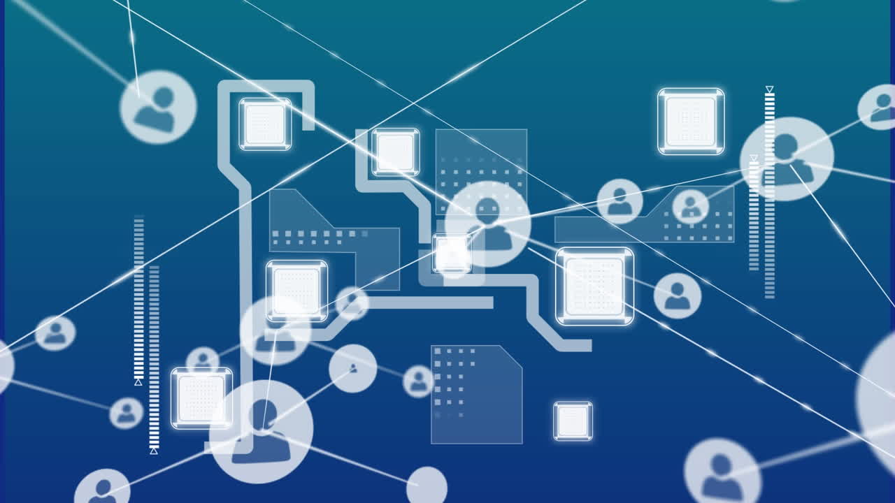 Animation of network of digital icons against gradient green background