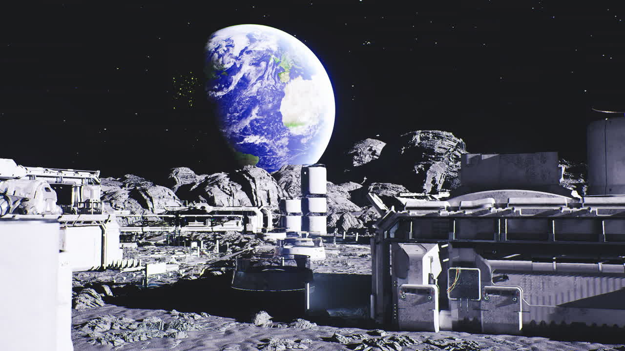 Futuristic moon settlement moon base featuring earth and solar arrays