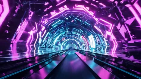 camera movement captures an escalator journey through a tunnel bathed in vibrant pink and blue neon lights, creating a futuristic and energetic atmosphere